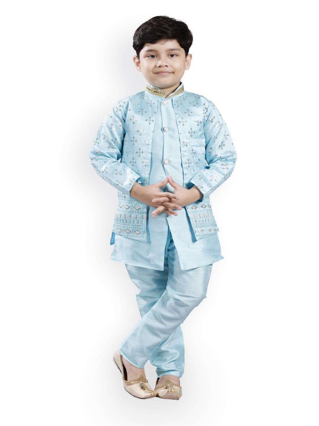 

BAESD Boys Embroidered Mandarin Collar Straight Kurta With Churidar & Nehru Jacket, Teal