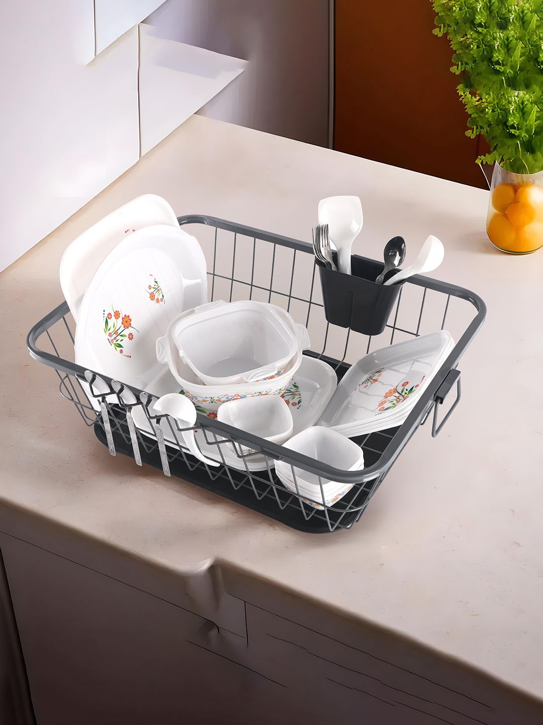 

Kuber Industries Grey & Black Drying Rack For Kitchen With Water Strainer Tray