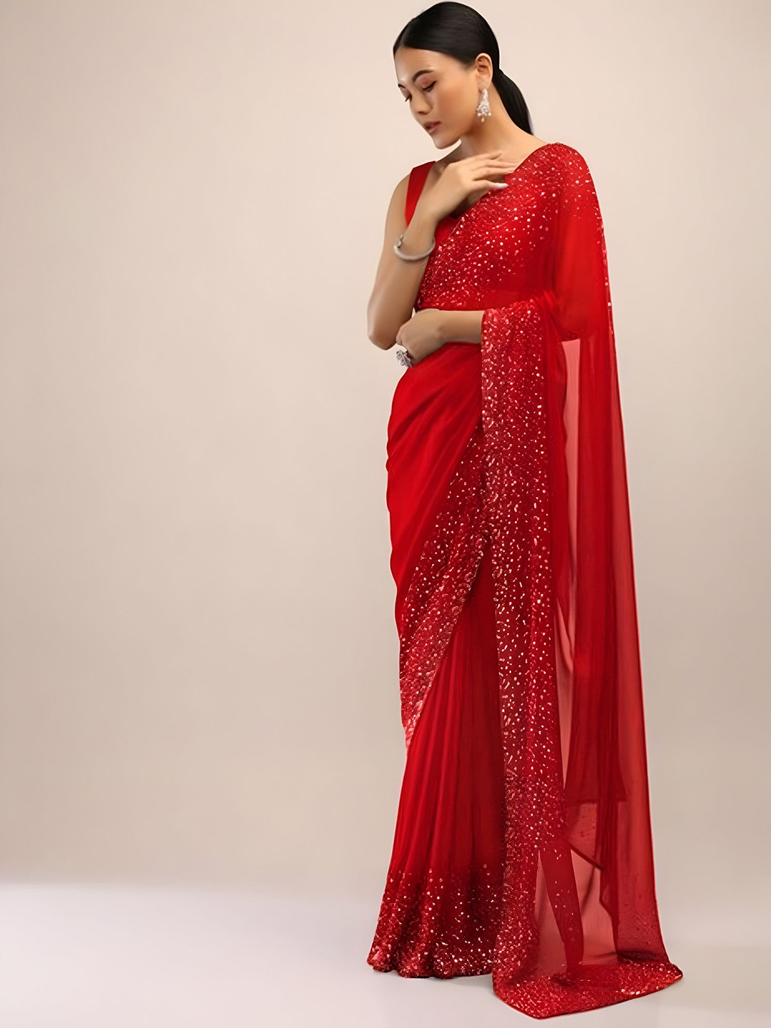

SWADESI STUFF Embellished Sequinned Saree, Red