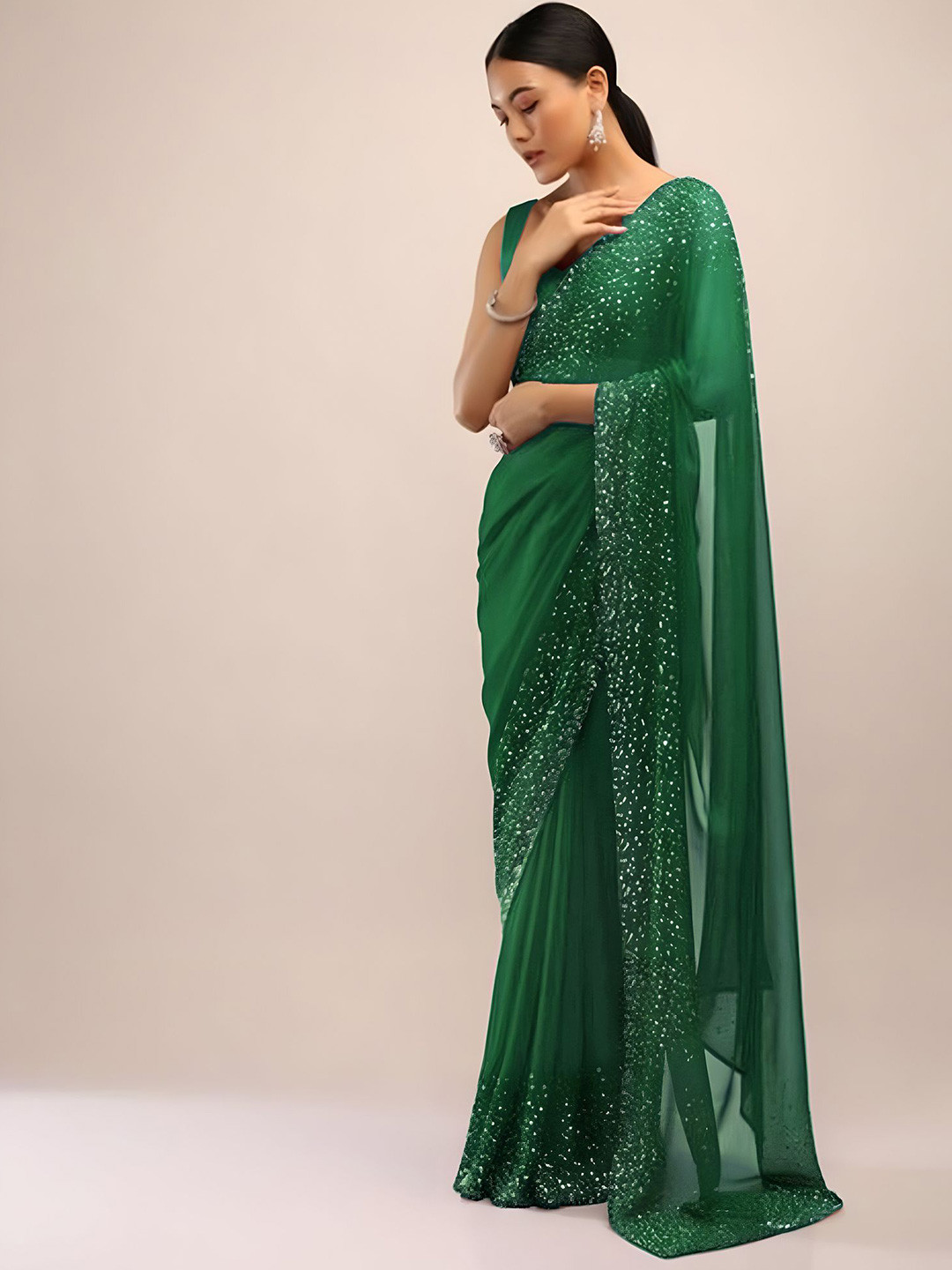 

SWADESI STUFF Pure Georgette Ready to Wear Saree, Green