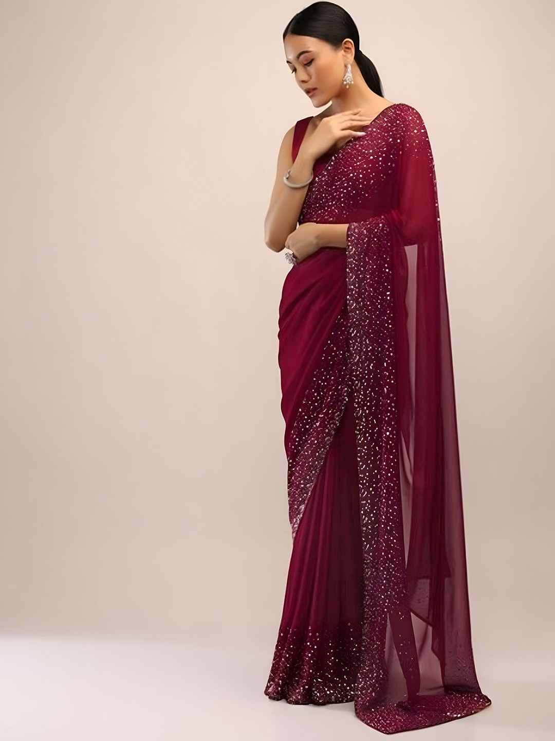 

SWADESI STUFF Beads and Stones Embellished Saree, Maroon