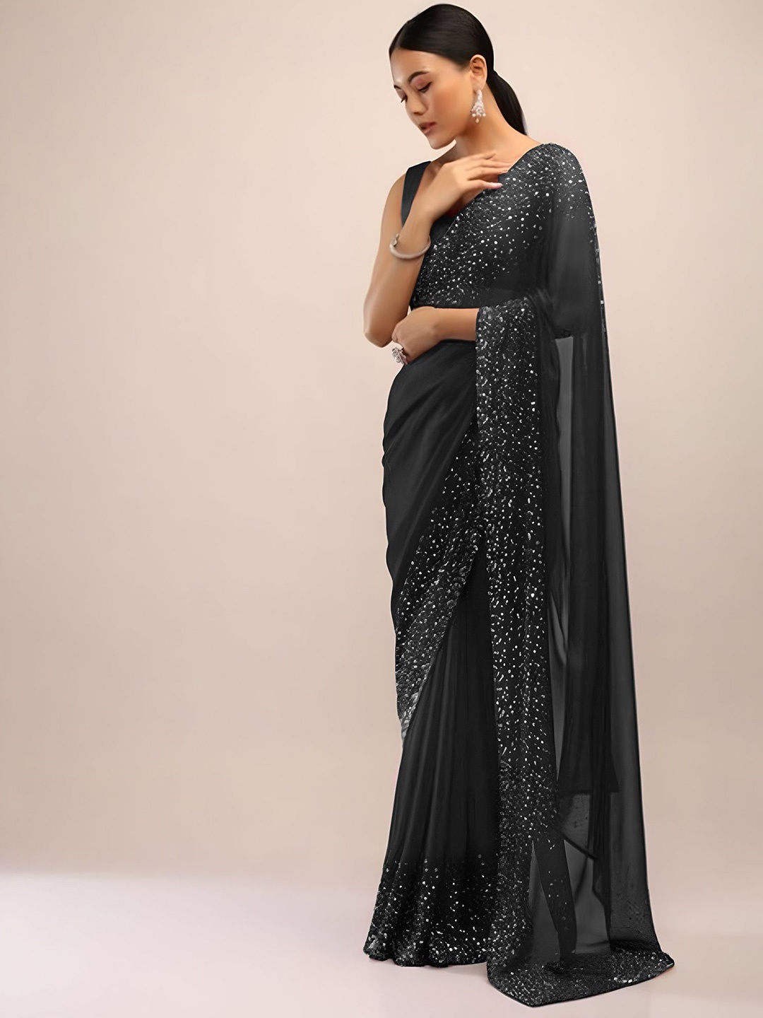 

SWADESI STUFF Embellished Sequinned Saree, Black