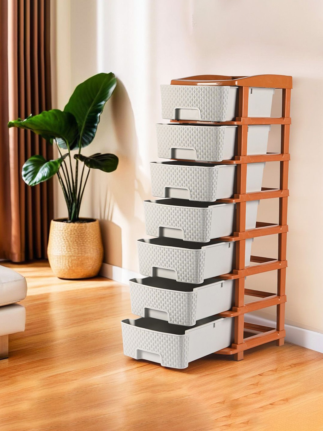 

Kuber Industries White & Brown 7 Layers Reusable Drawer Organiser