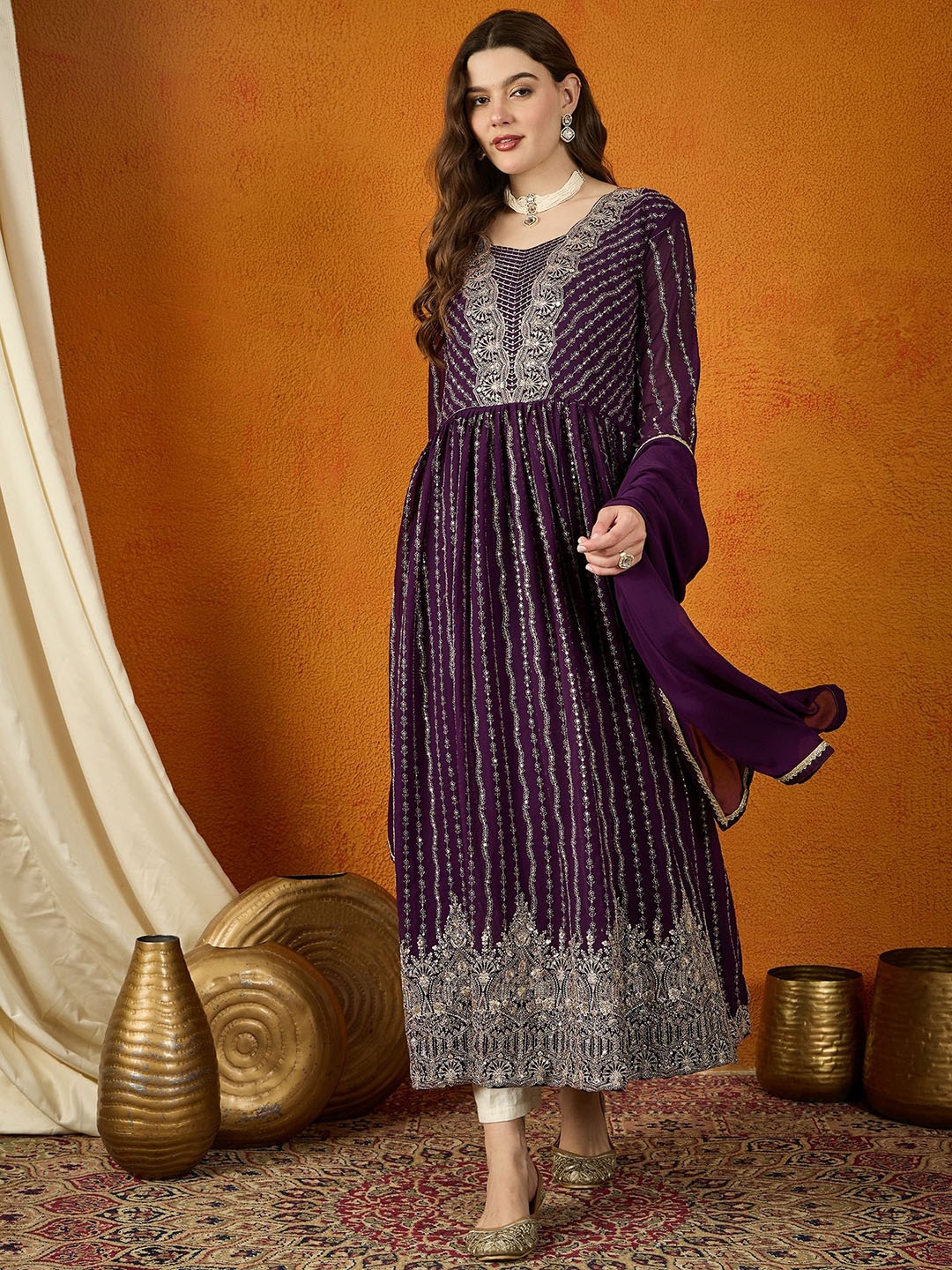 

Miss Ethnik Women Georgette Embroidered Fit and Flare Maxi Ethnic Dresses With Dupatta, Purple