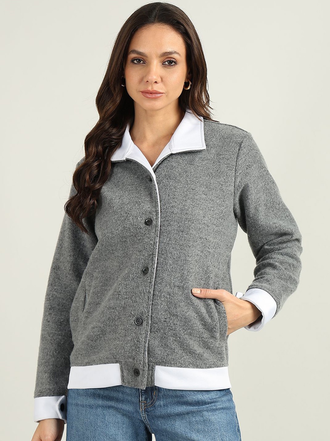 

The Roadster Lifestyle Co Women Solid Spread Collar Bomber Jacket, Grey