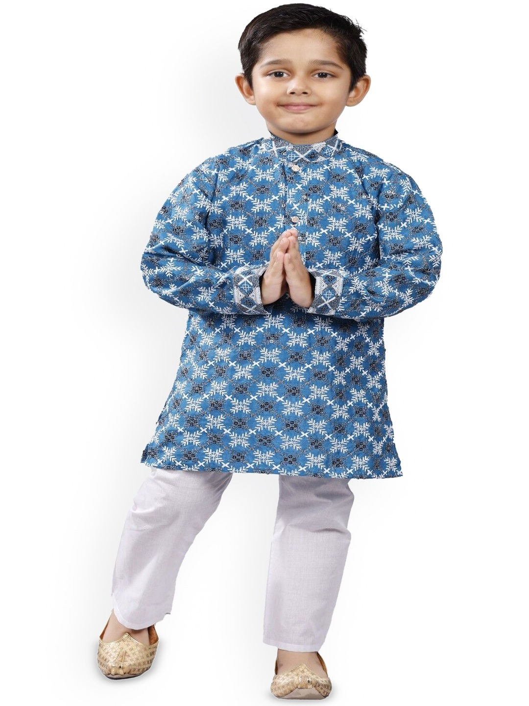 

BAESD Boys Embroidered Thread Work Mandarin Collar Straight Thread Work Kurta with Pyjamas, Teal