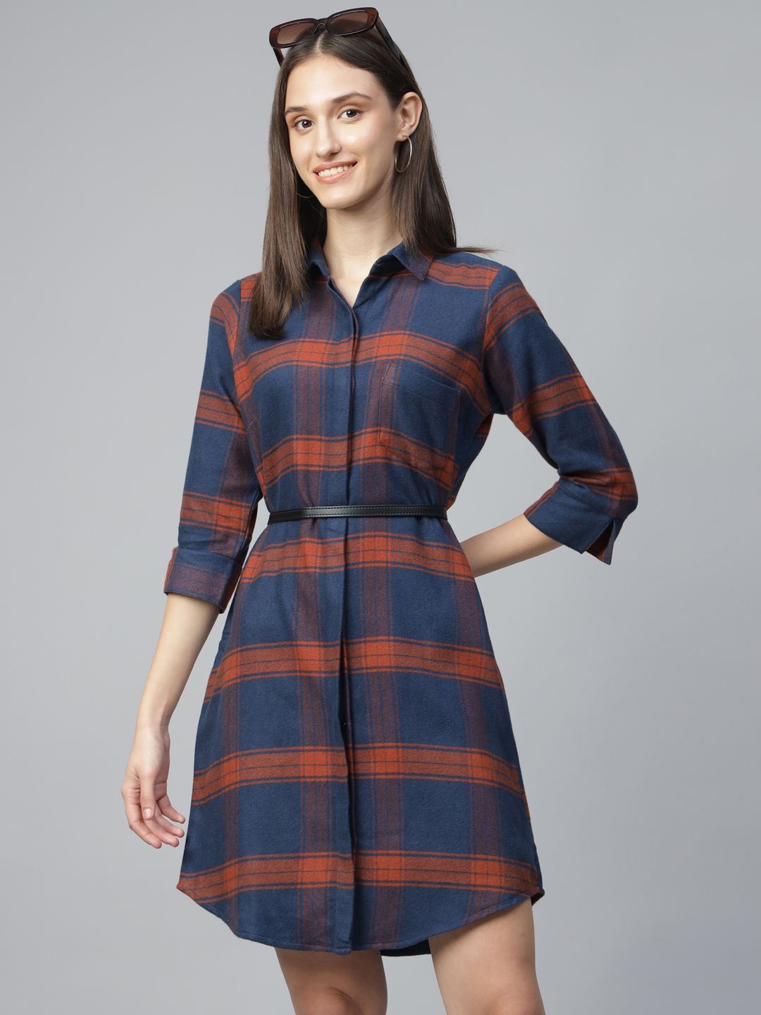 

English Navy Women Cotton Checked Formal Shirt Dress, Blue