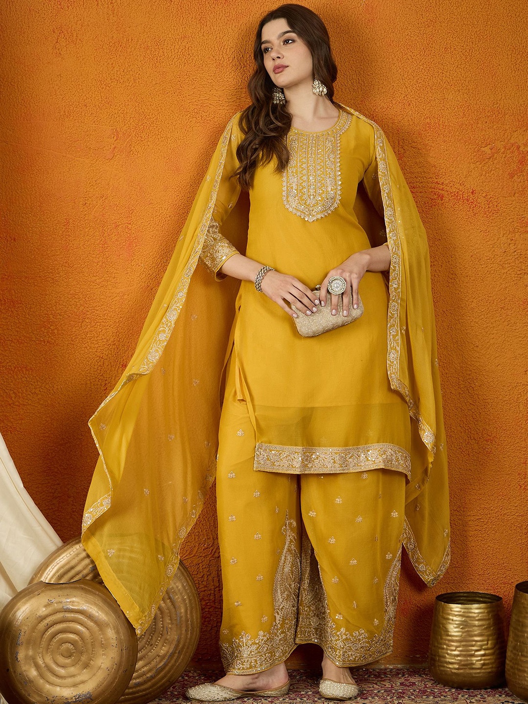 

Miss Ethnik Ethnic Motifs Sequinned Embroidered Straight Kurta With Palazzo And Dupatta, Yellow