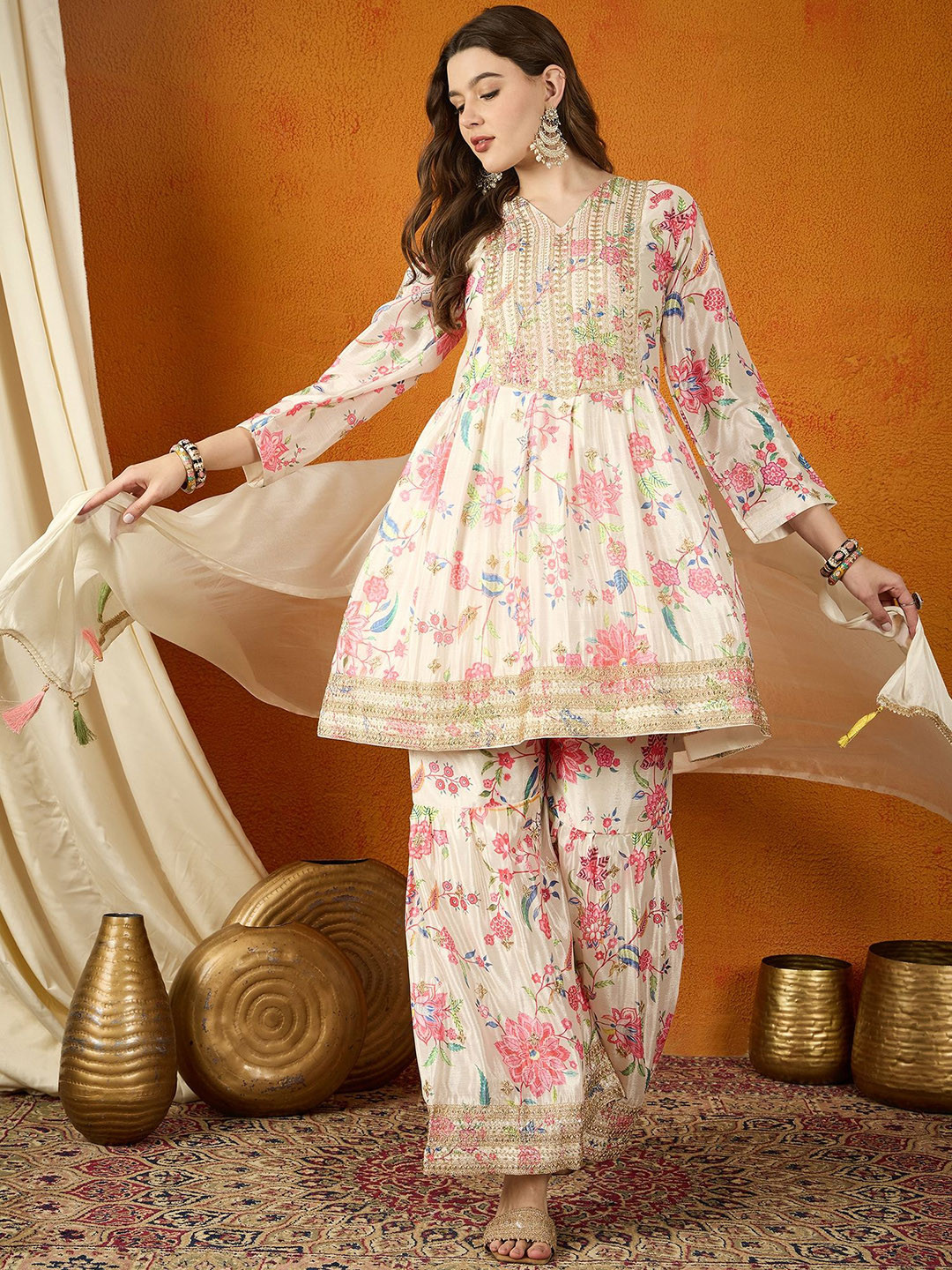 

Miss Ethnik Floral Printed Sequinned Embroidered Anarkali Kurta With Sharara And Dupatta, Cream