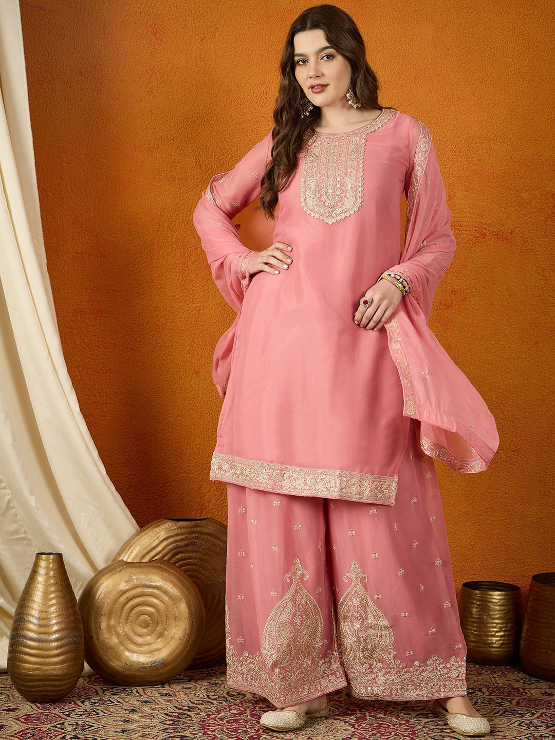 

Miss Ethnik Ethnic Motifs Sequinned Embroidered Straight Kurta With Palazzo And Dupatta, Pink