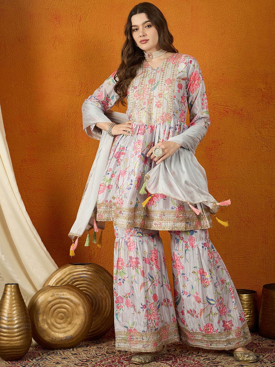 

Miss Ethnik Floral Printed Sequinned Embroidered Anarkali Kurta With Sharara And Dupatta, Grey