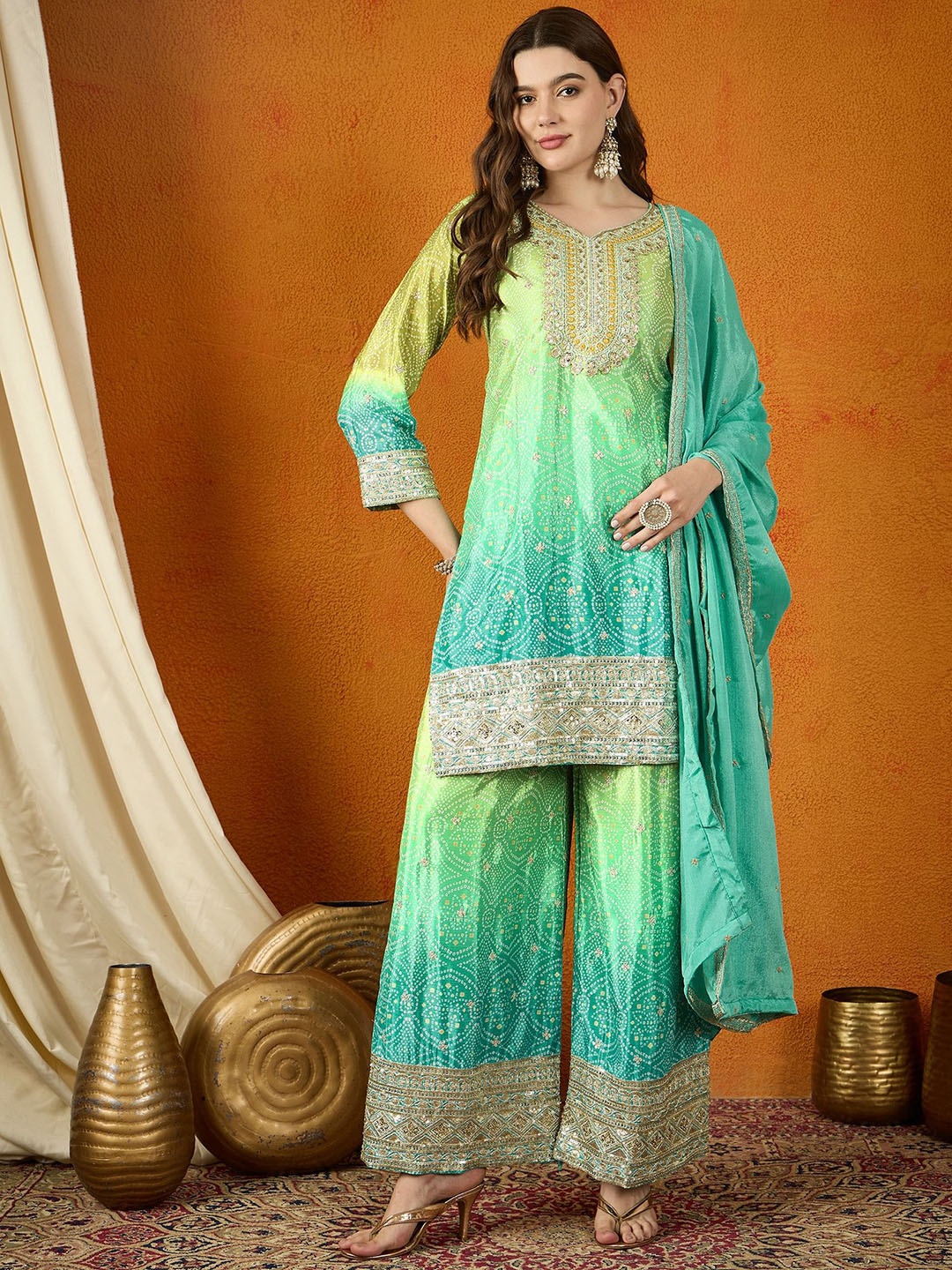 

Miss Ethnik Bandhani Printed Sequinned Embroidered Straight Kurta With Palazzo And Dupatta, Teal