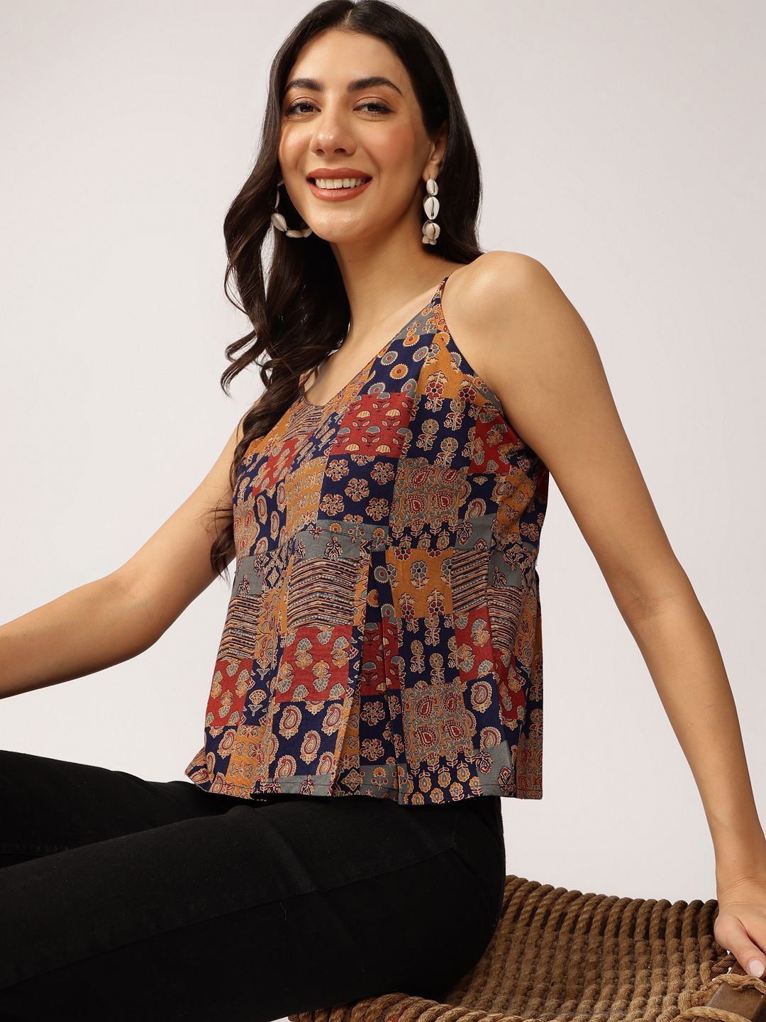 

BAESD Ethnic Printed Cotton Peplum Top, Blue