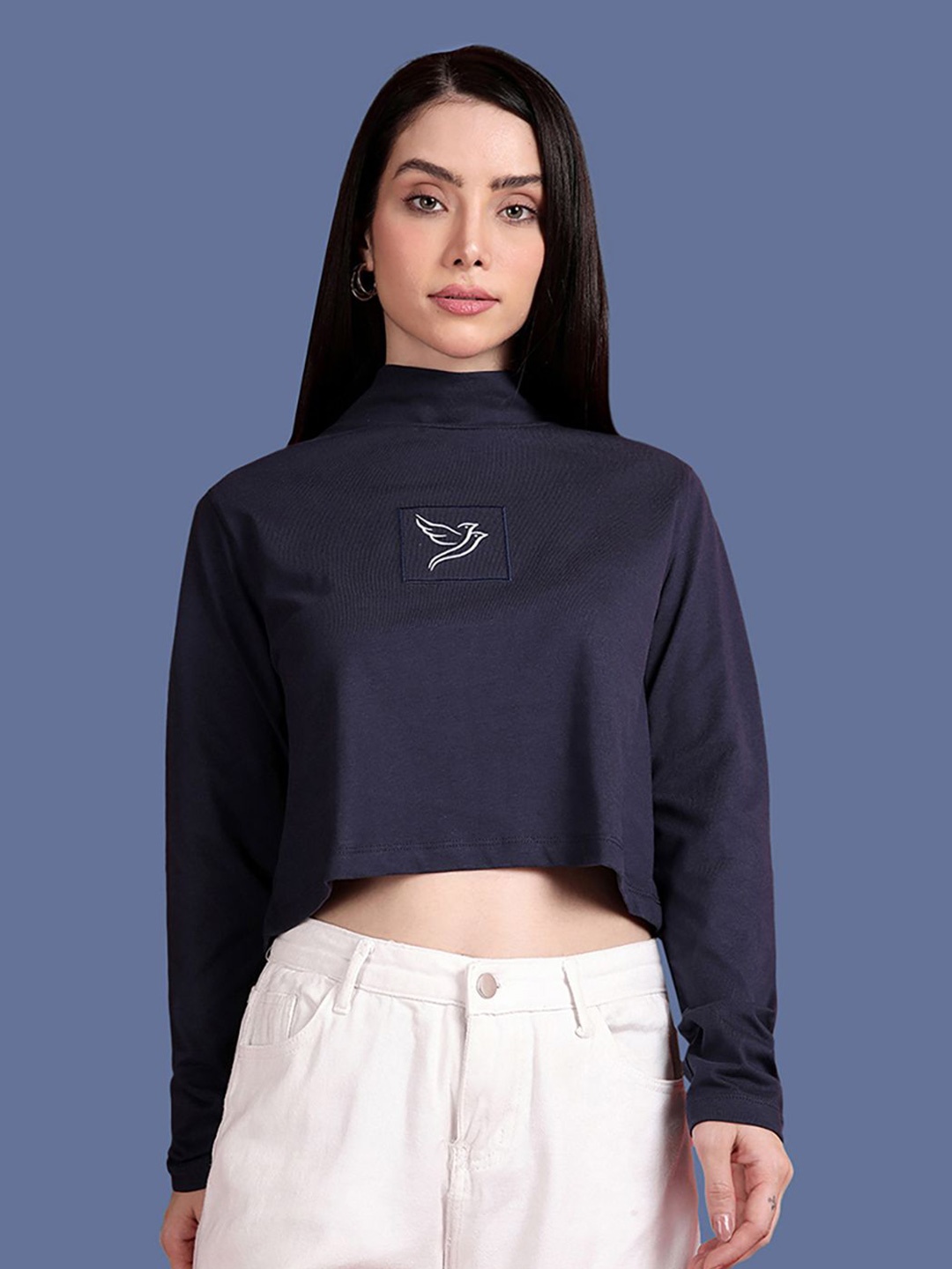 

TWIN BIRDS Women Graphic Printed High Neck Cotton Boxy T-shirt, Navy blue