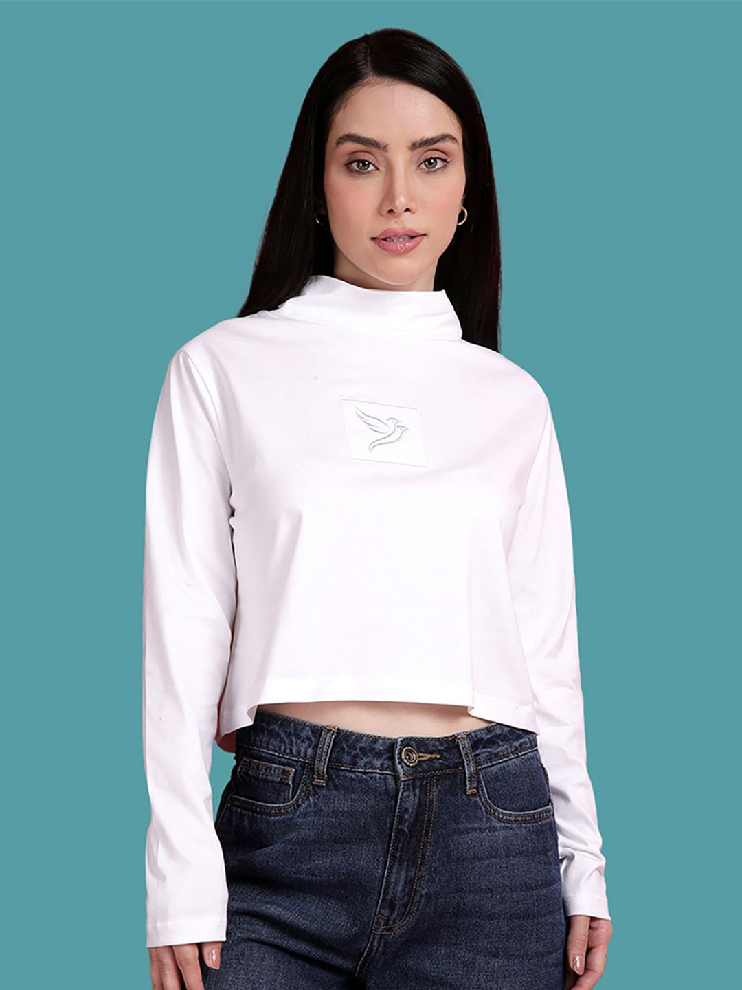 

TWIN BIRDS Women Graphic Printed High Neck Cotton Boxy T-shirt, White