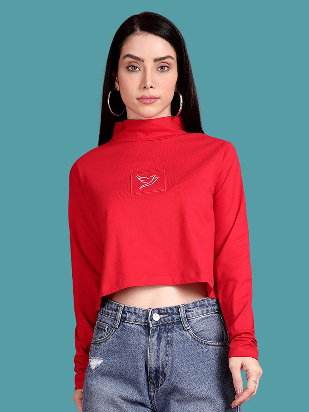 

TWIN BIRDS Women Graphic Printed High Neck Cotton Boxy T-shirt, Red