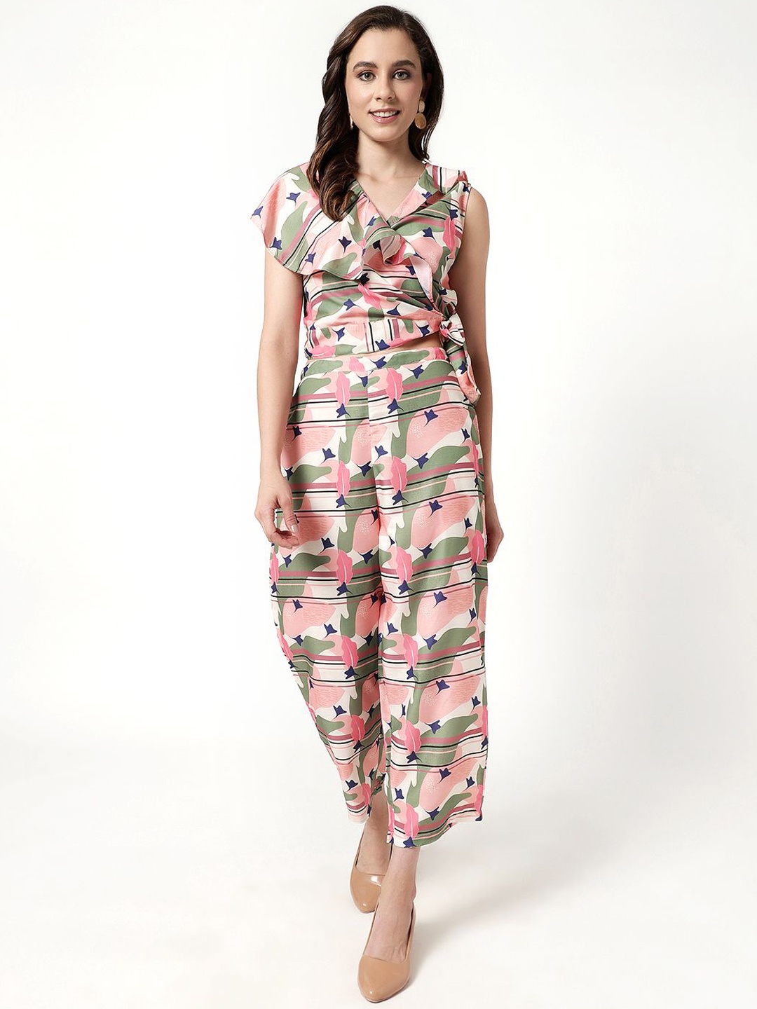 

Zima Leto Printed V-Neck Sleeveless Top With Trouser, Pink