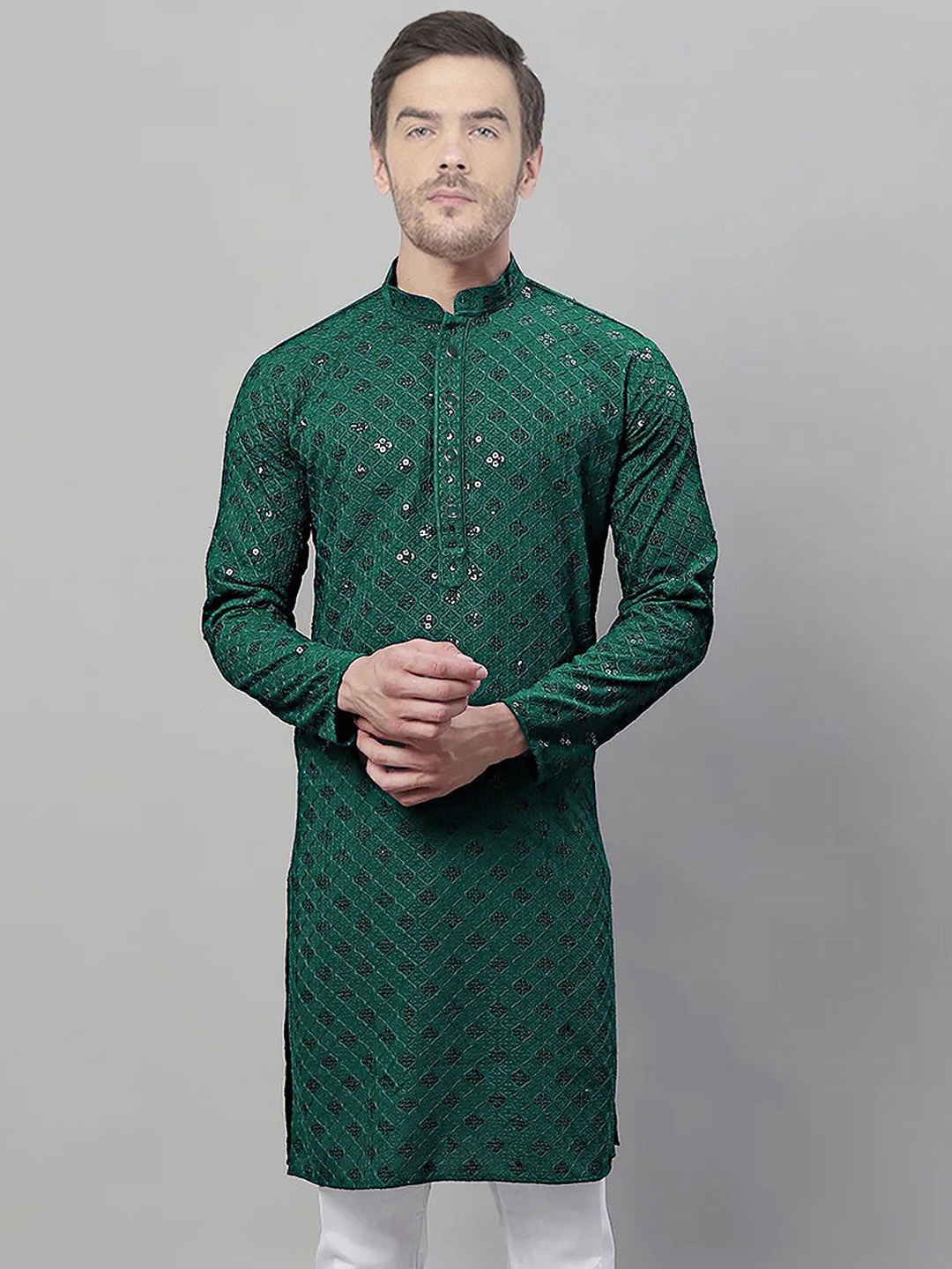 

SG LEMAN Sequinned Mandarin Collar Straight Jacquard Kurta, Green