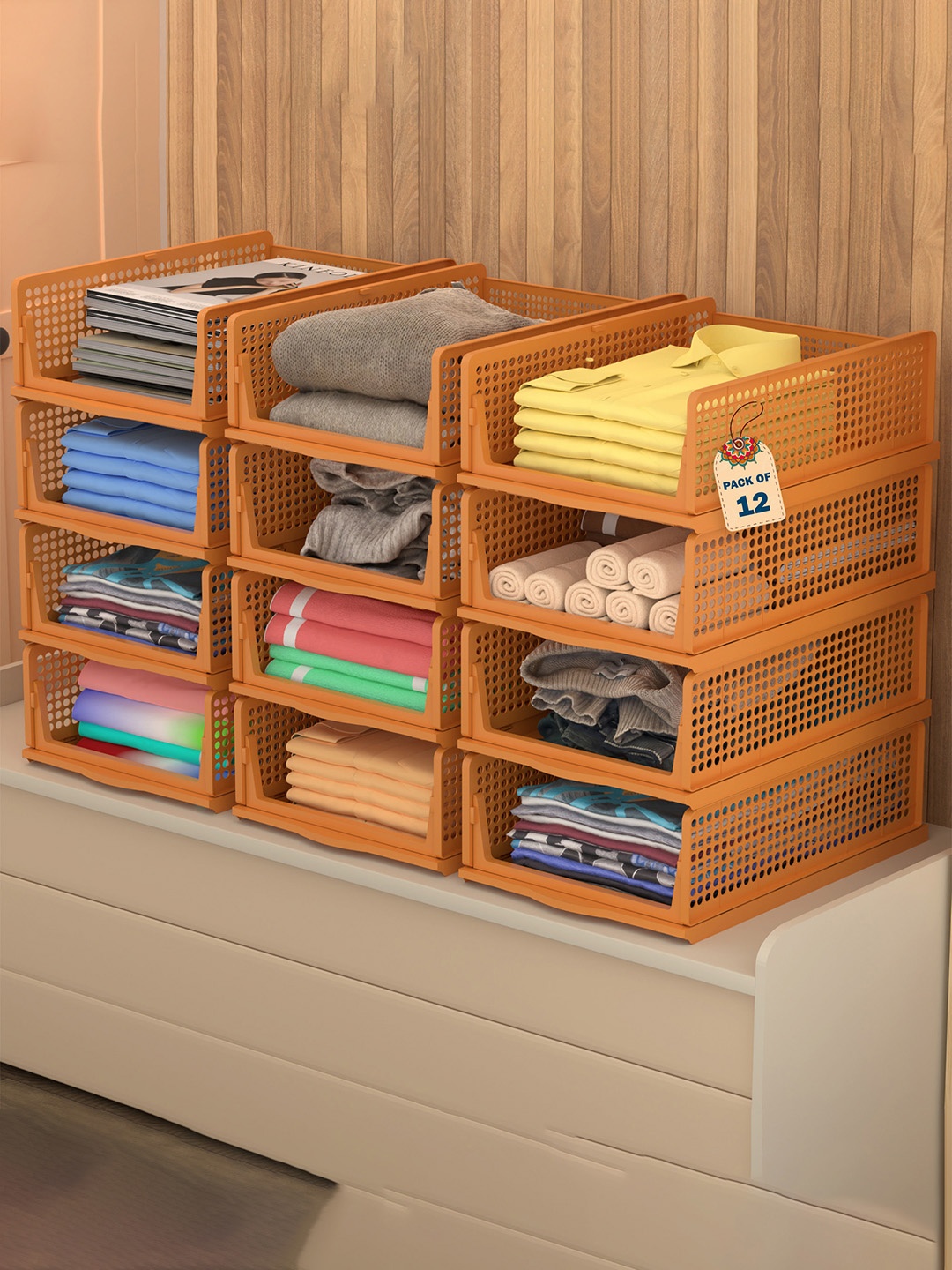 

Kuber Industries Brown 12 Pieces Foldable Kids for Clothes Storage Drawer Organiser