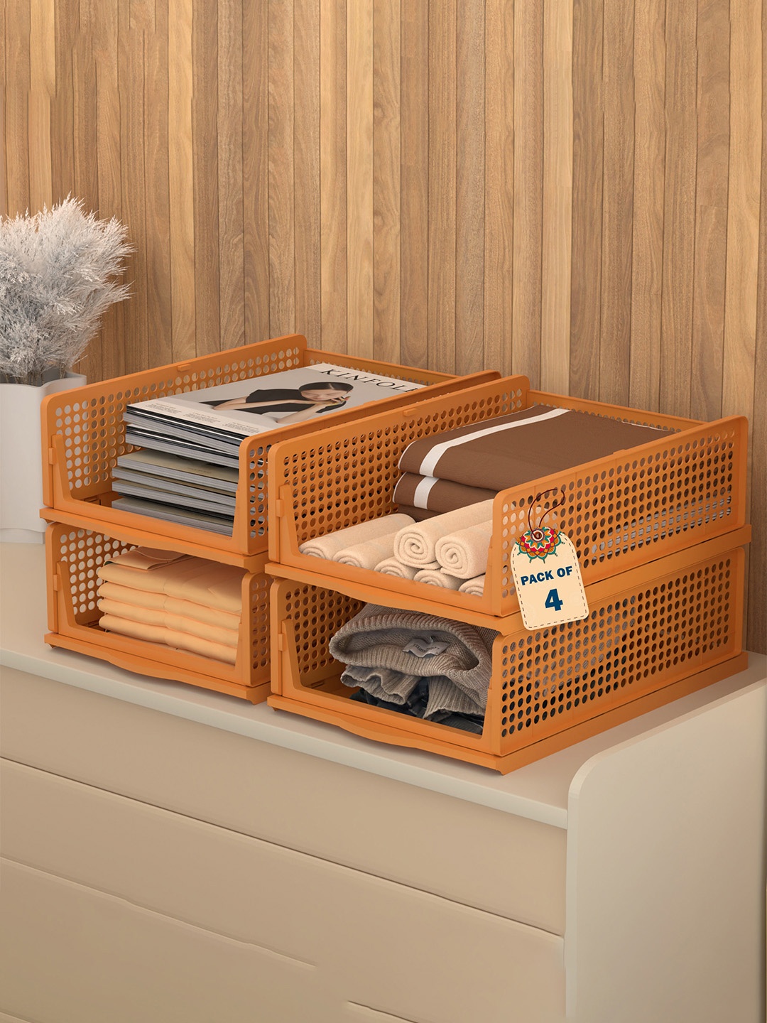

Kuber Industries Brown 4 Pieces Foldable Kids for Clothes Storage Drawer Organiser