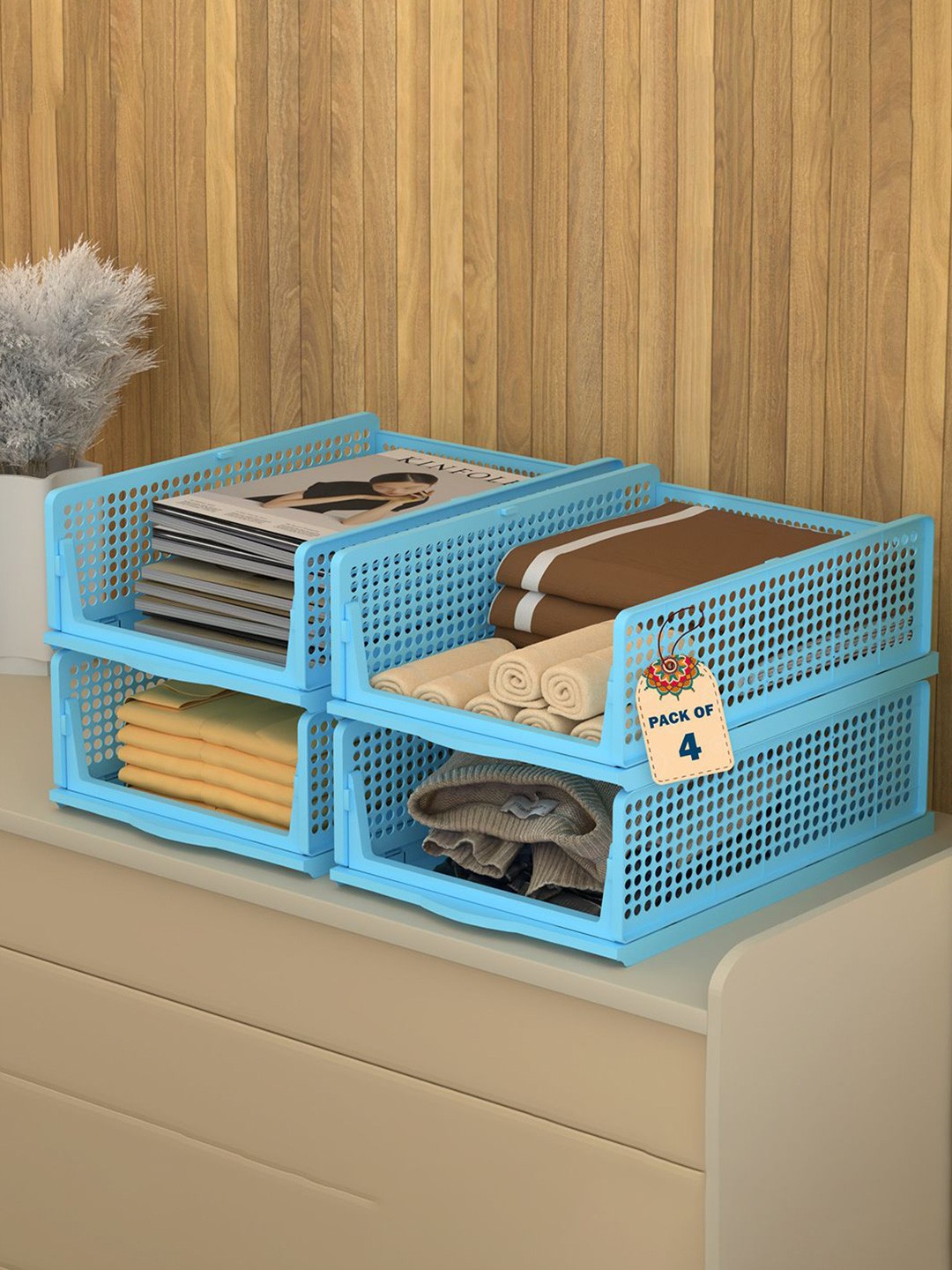 

Kuber Industries Blue 4 Pieces Foldable Kids for Clothes Storage Drawer Organiser