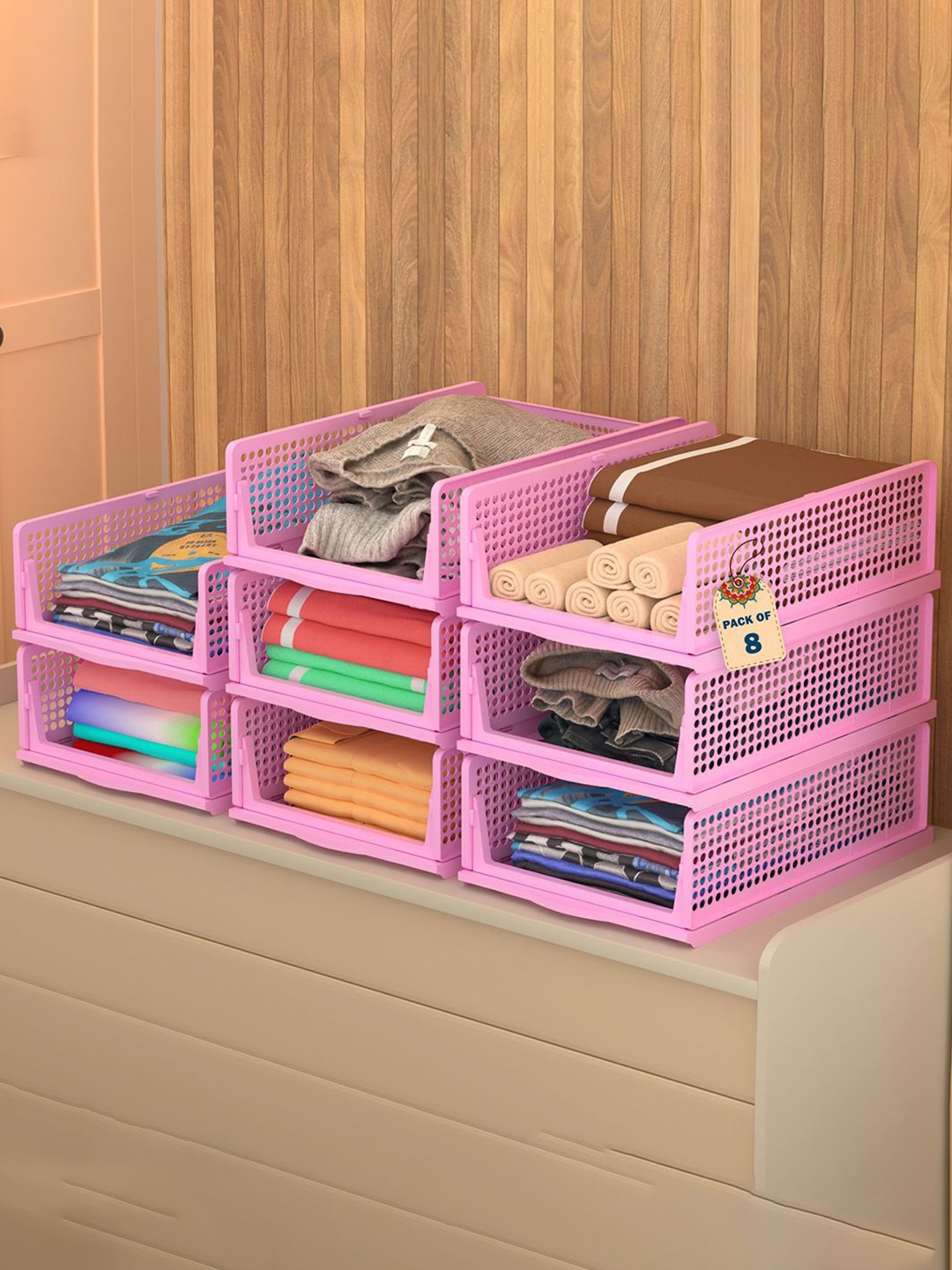 

Kuber Industries Pink 8 Pieces Reusable Drawer Organisers Foldable Kids Clothes Storage