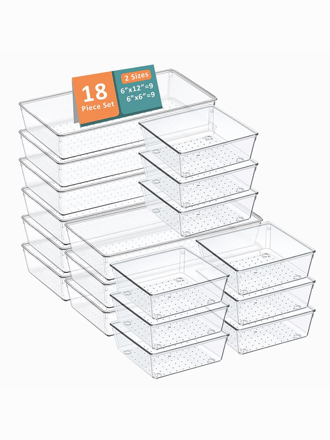 

Kuber Industries Transparent 18 Pieces Reusable Drawer Organisers Cosmetics Makeup