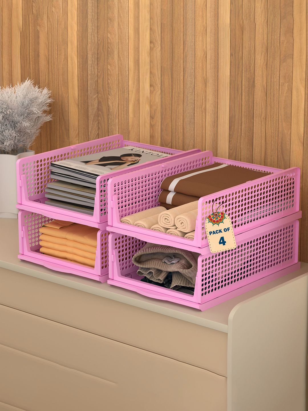 

Kuber Industries Pink 4 Pieces Foldable Kids for Clothes Storage Drawer Organisers