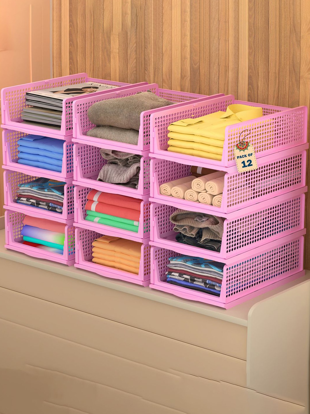 

Kuber Industries Pink 12 Pieces Foldable Kids for Clothes Storage Drawer Organisers