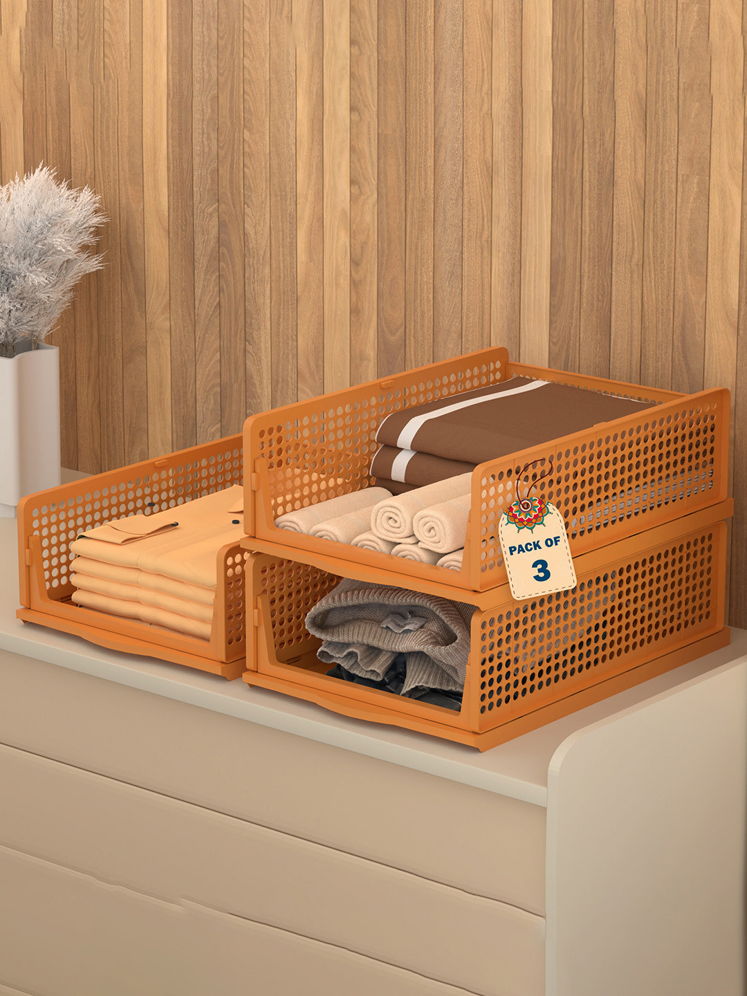 

Kuber Industries Brown 3 Pieces Foldable Kids for Clothes Storage Drawer Organisers
