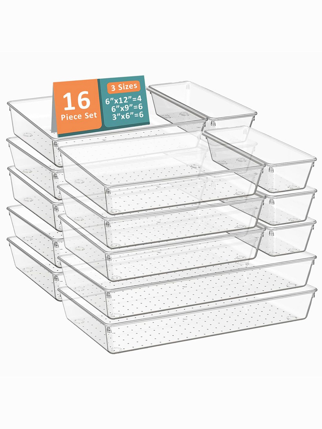 

Kuber Industries Transparent 16 Pieces Reusable Drawer Organisers Cosmetics Makeup