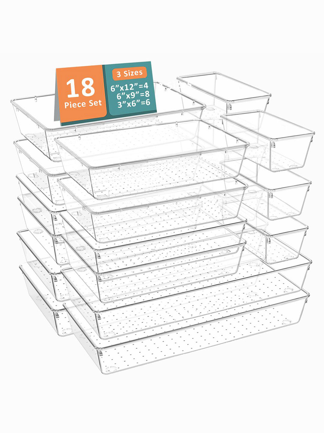 

Kuber Industries Transparent 18 Pieces Reusable Drawer Organisers Cosmetics Makeup