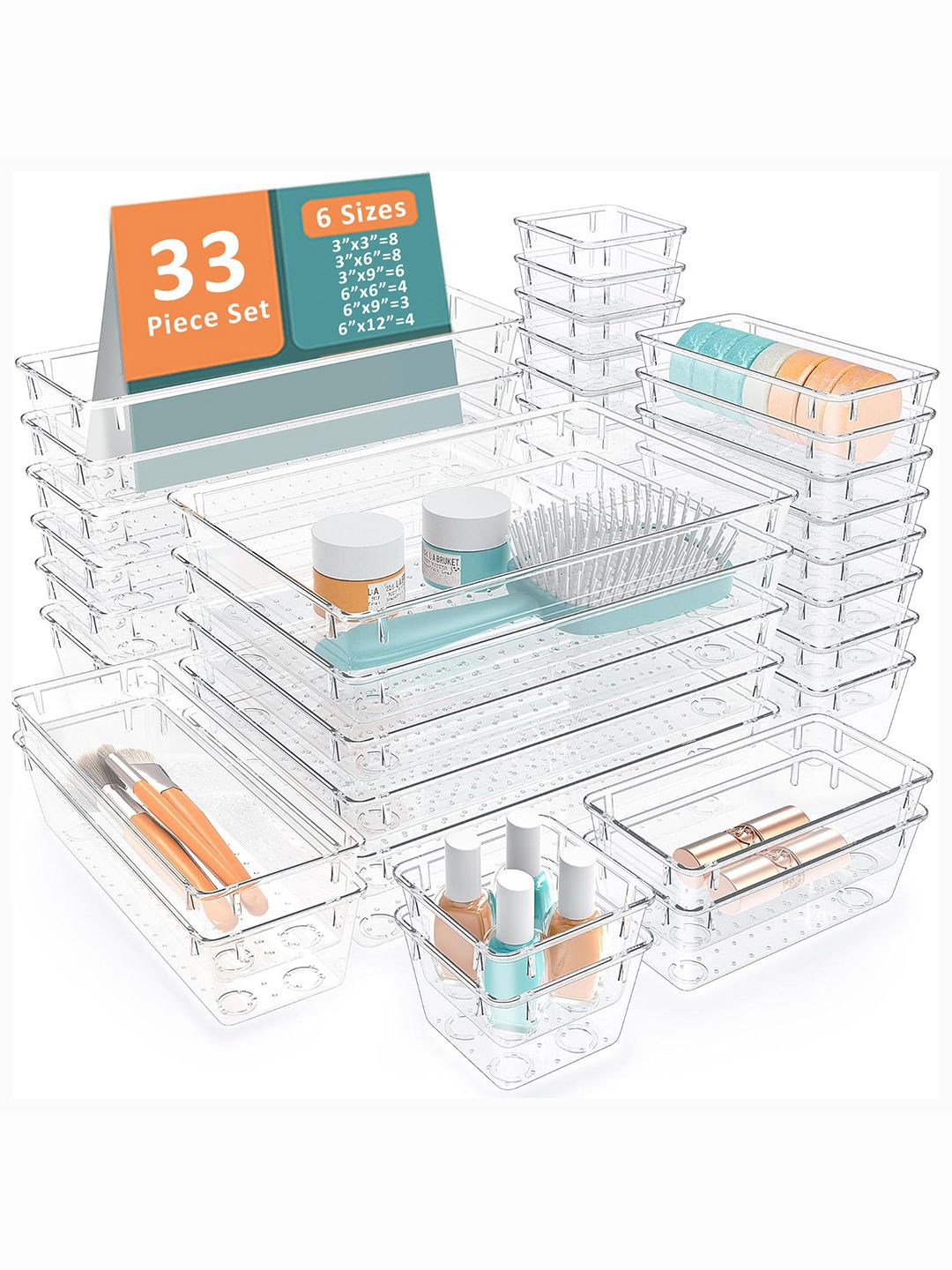 

Kuber Industries Transparent 33 Pieces Reusable Drawer Organisers Cosmetics Makeup