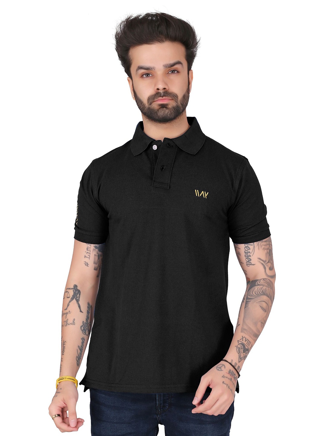 

WATAY Men Solid Polo Collar Pure Cotton T-shirt, Black