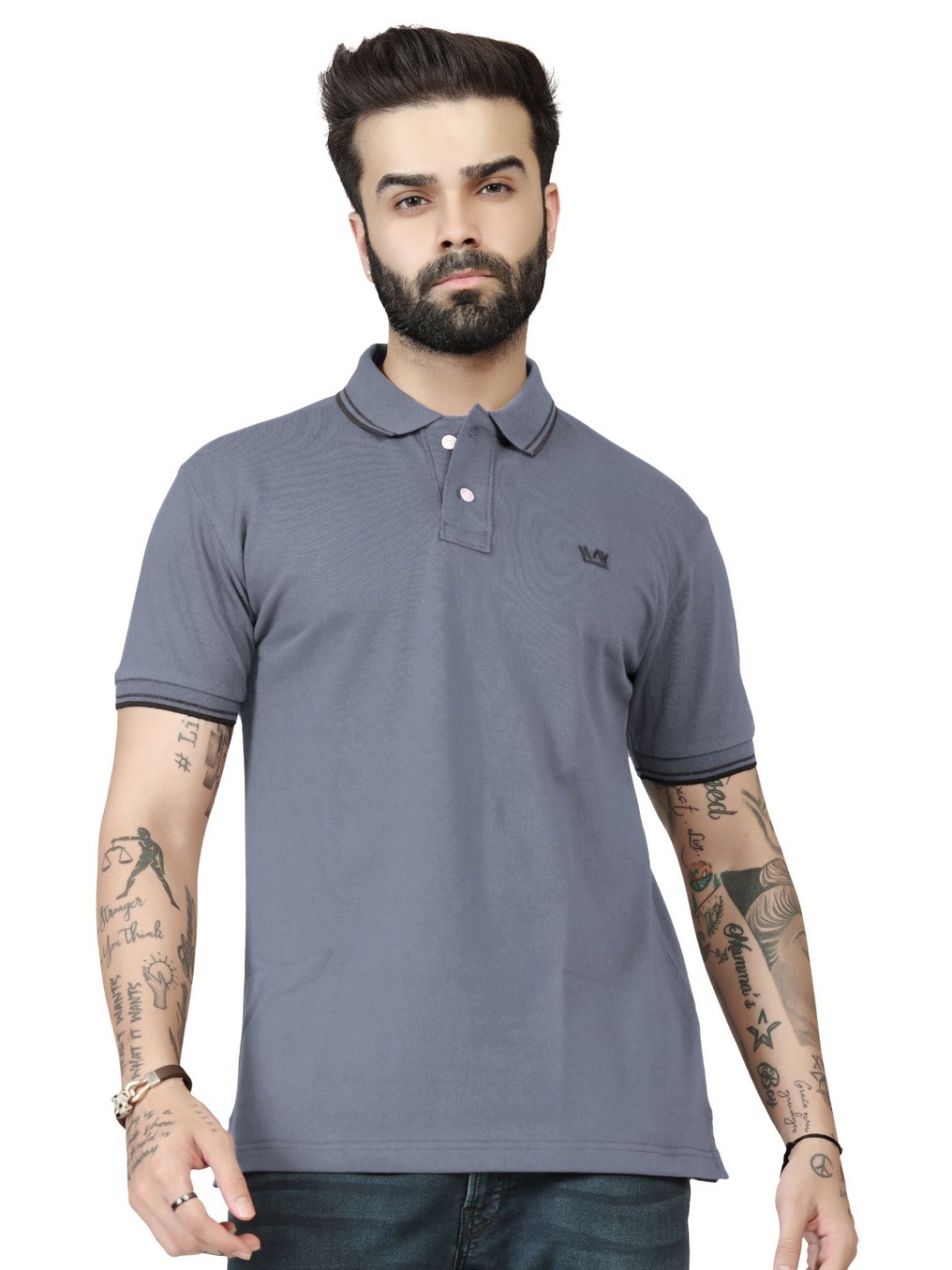 

WATAY Men Solid Polo Collar Pure Cotton T-shirt, Grey