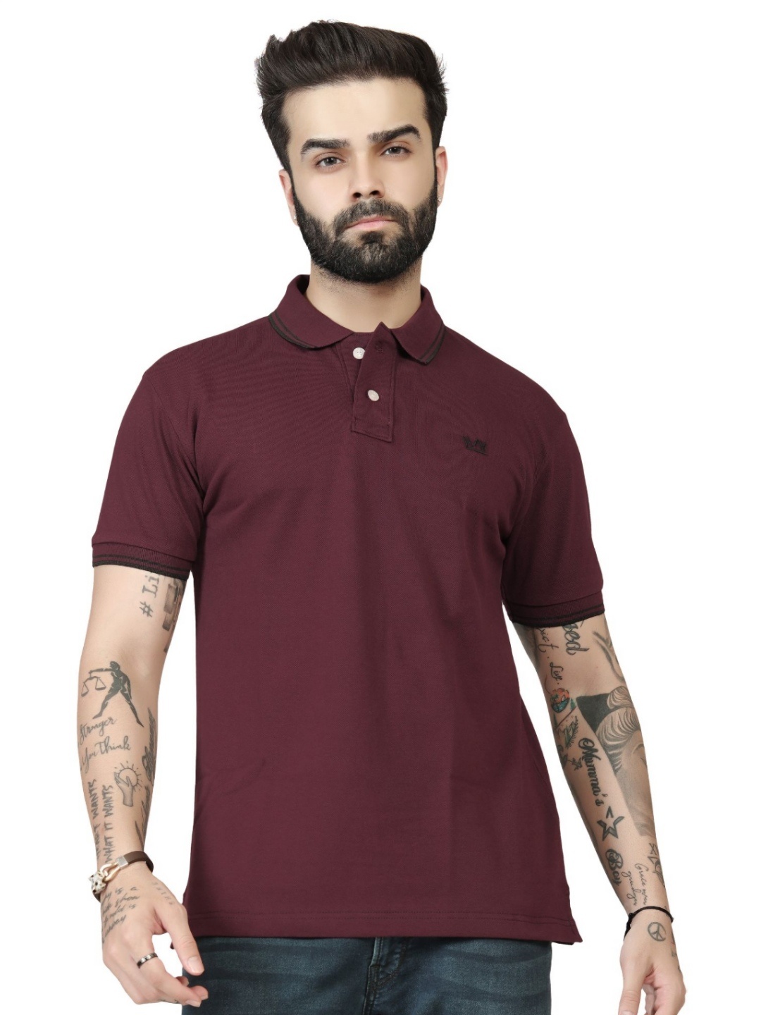 WATAY Men Solid Polo Collar Pure Cotton T-shirt, Maroon