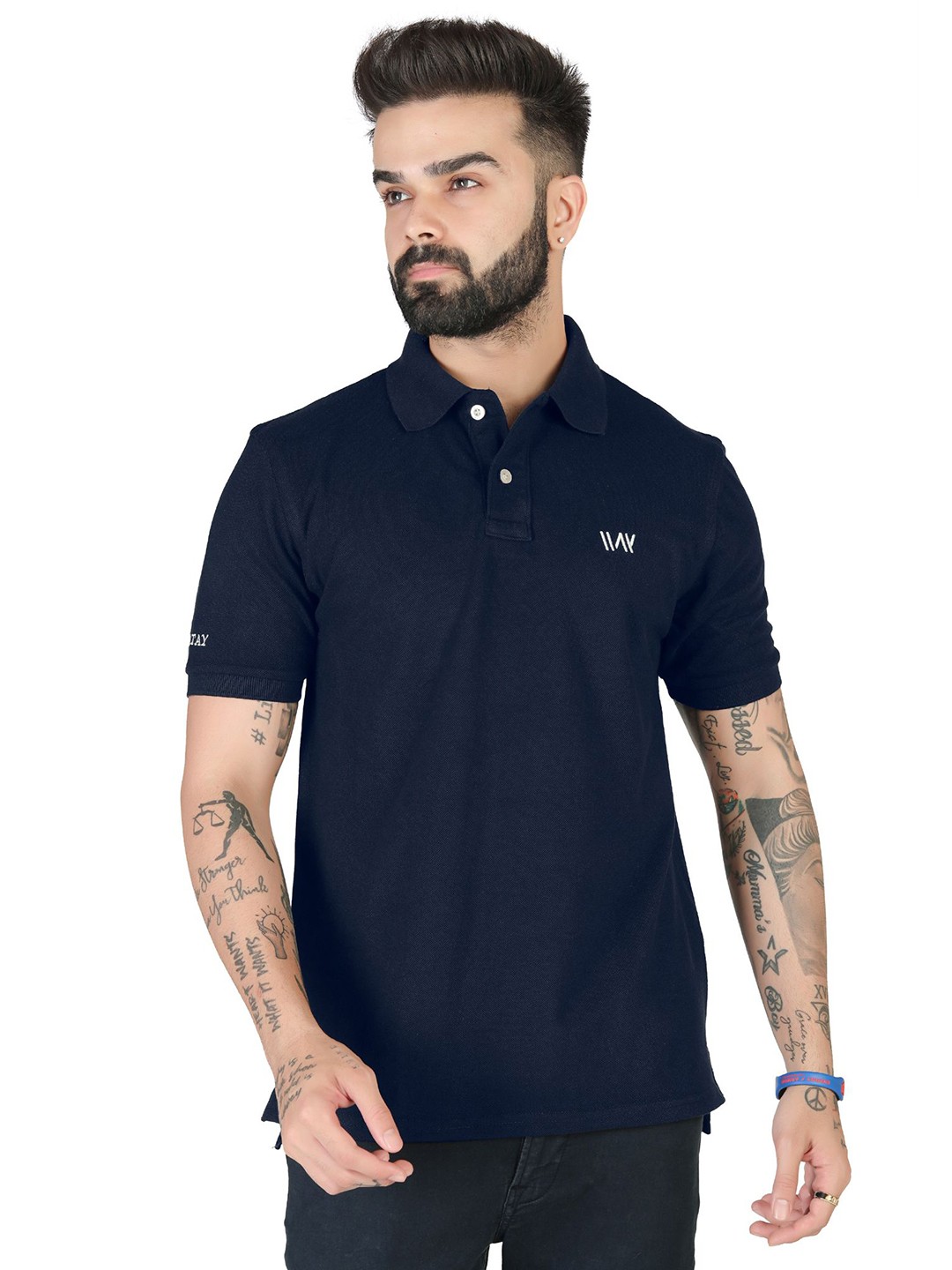 

WATAY Men Solid Polo Collar Pure Cotton T-shirt, Navy blue