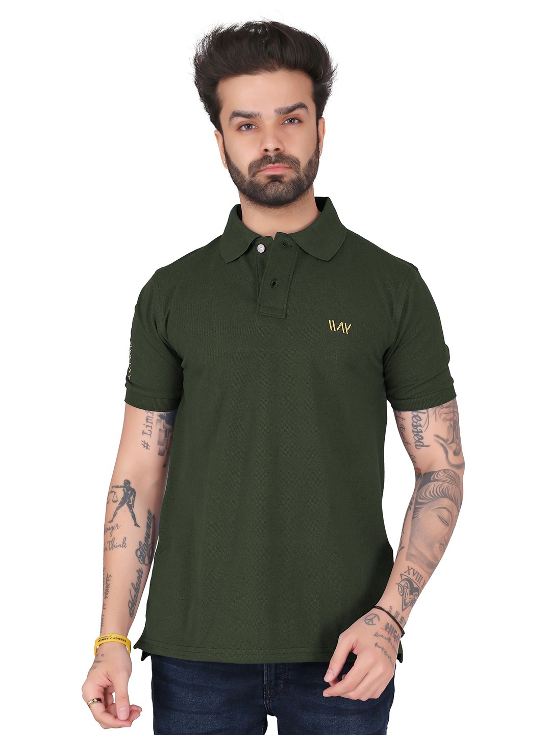 

WATAY Men Solid Polo Collar Pure Cotton T-shirt, Olive