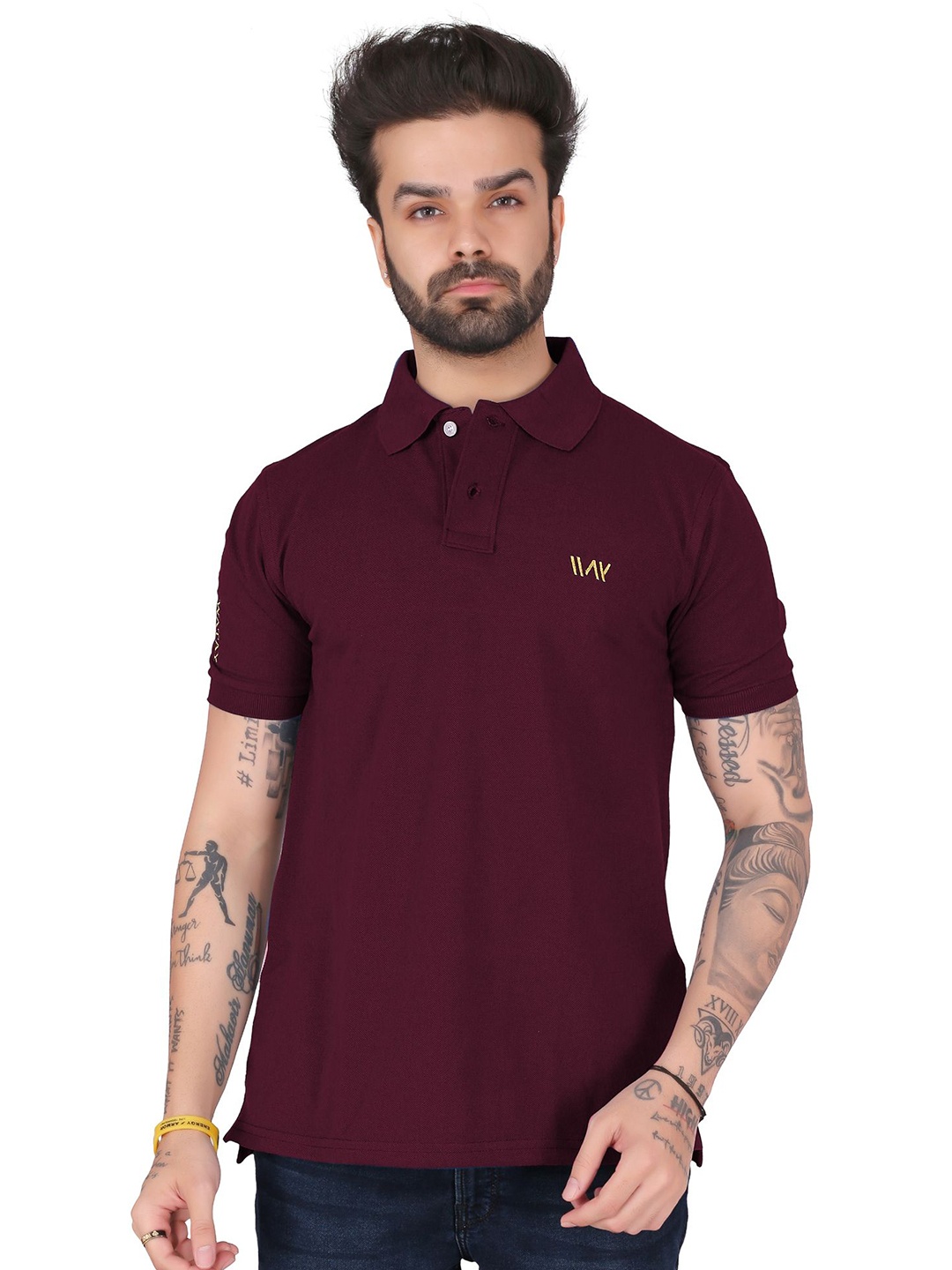 WATAY Men Solid Polo Collar Pure Cotton T-shirt, Maroon