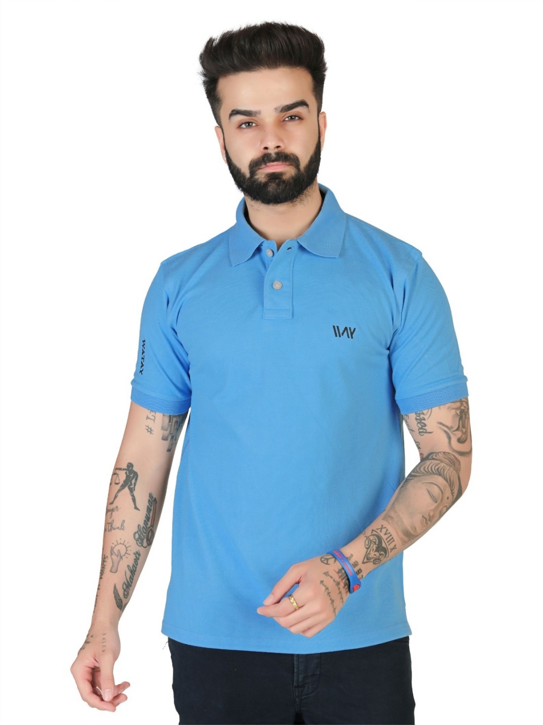 WATAY Men Solid Polo Collar Pure Cotton T-shirt, Blue