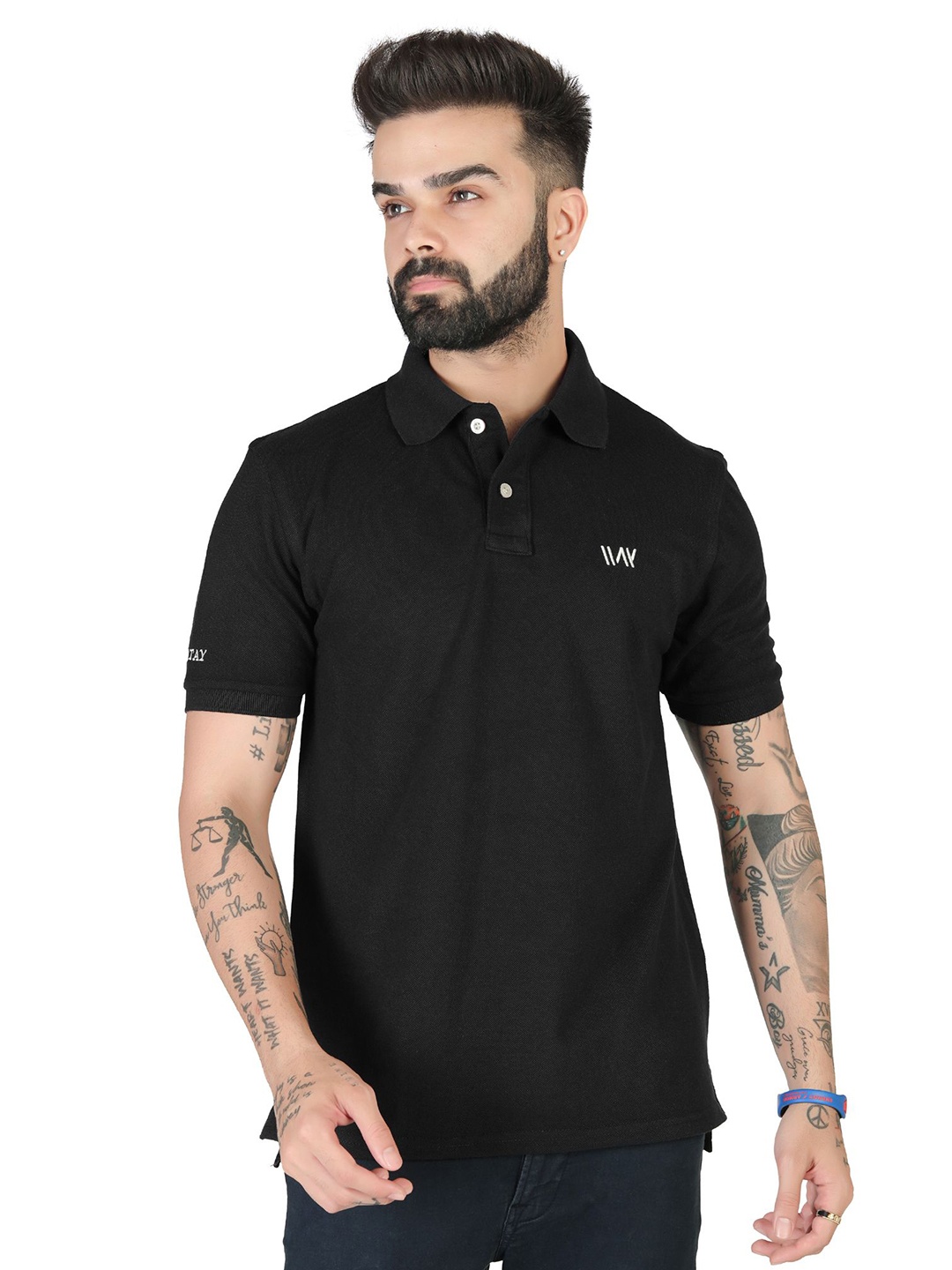 

WATAY Men Brand Logo Polo Collar T-shirt, Black