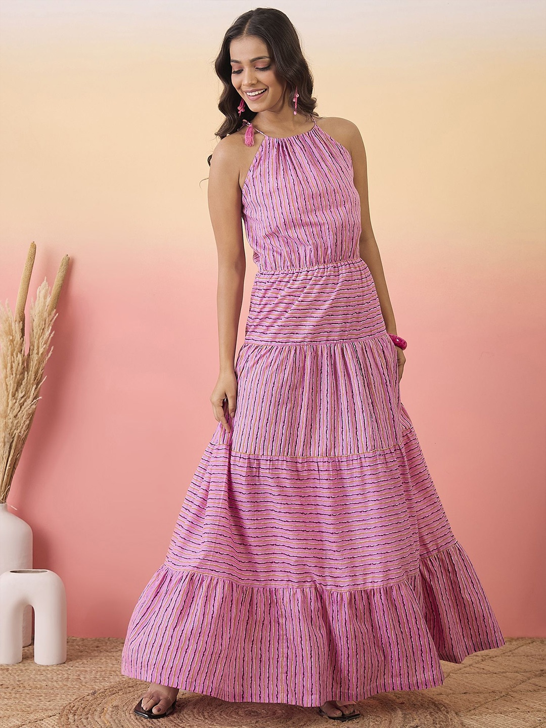 

Sangria Women Striped Tiered Cotton Maxi Dress, Pink