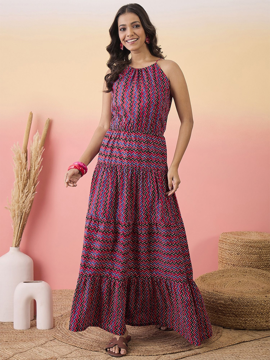 

Sangria Women Zig Zag Printed Cotton Maxi Dress, Red