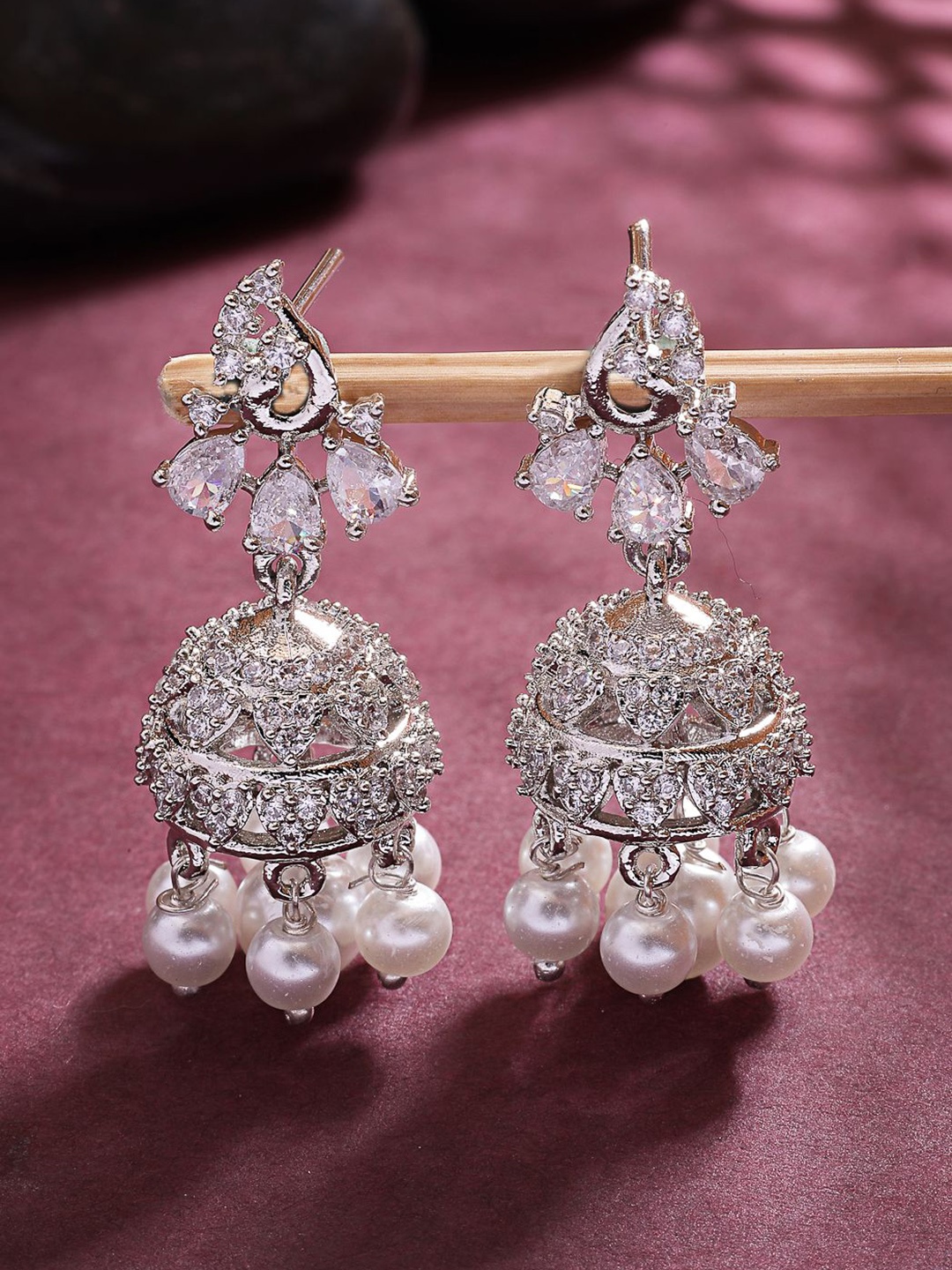 

NVR Women Silver-Plated AD- Studded Jhumki Earrings