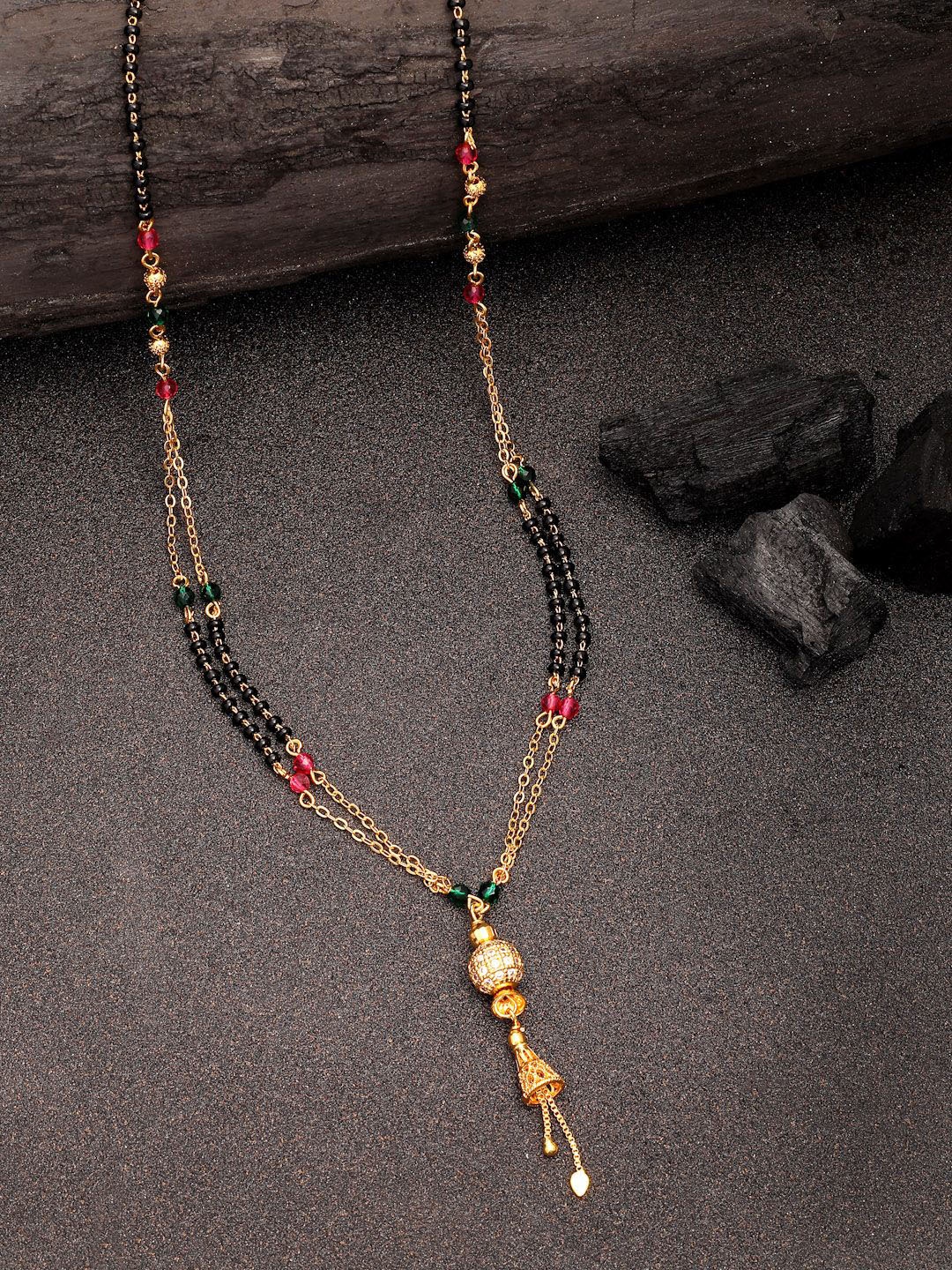 

NVR Gold-Plated Artificial Stones Studded & Beaded Mangalsutra