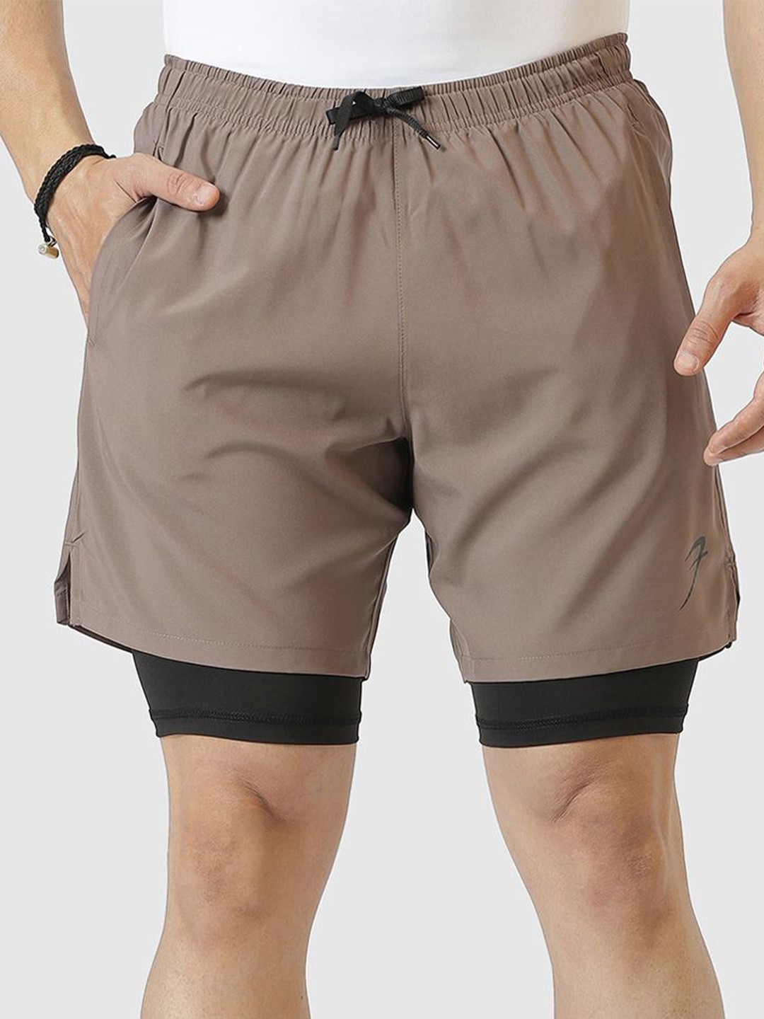 

FUAARK Double Layer with Inner Tights for Men Gym Tight Short with Pocket, Brown