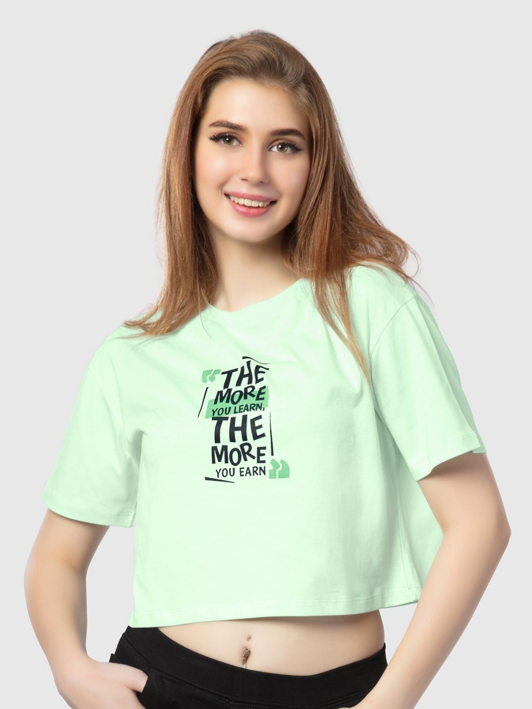 

Juliet Women Typography Printed Round Neck Cotton Boxy T-shirt, Green