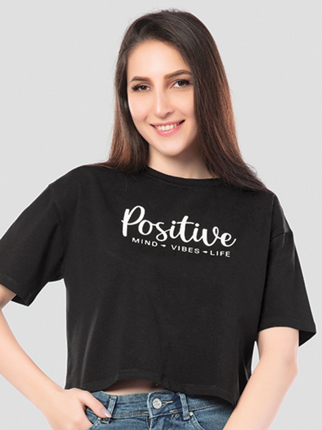 

Juliet Women Typography Printed Round Neck Cotton Boxy T-shirt, Black