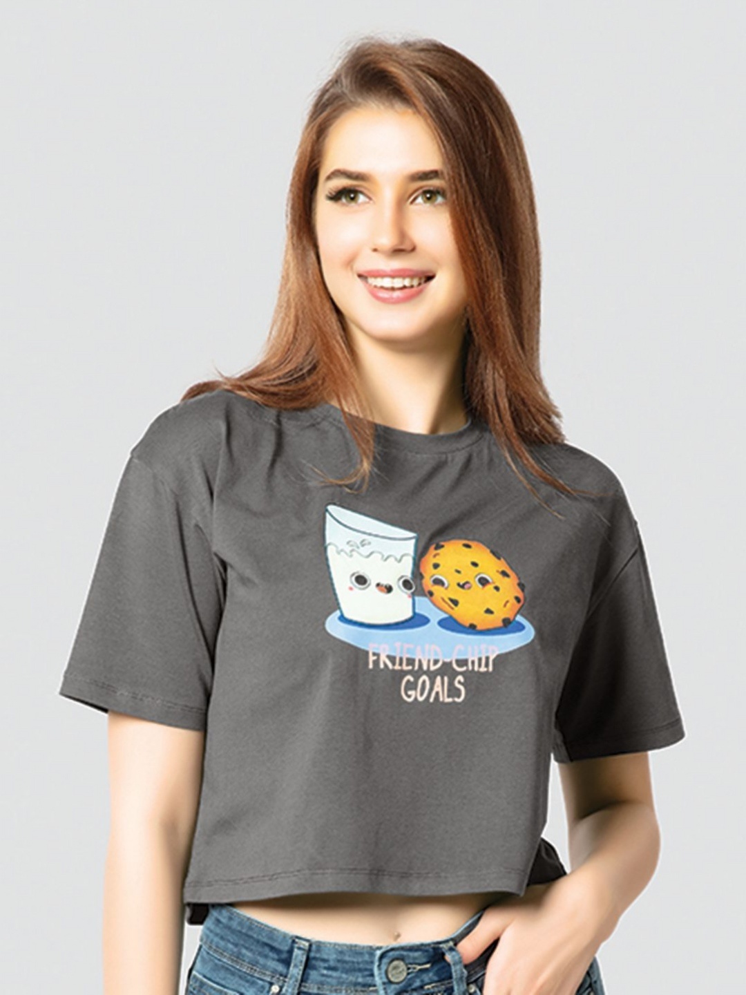

Juliet Women Graphic Printed Round Neck Cotton Boxy T-shirt, Grey