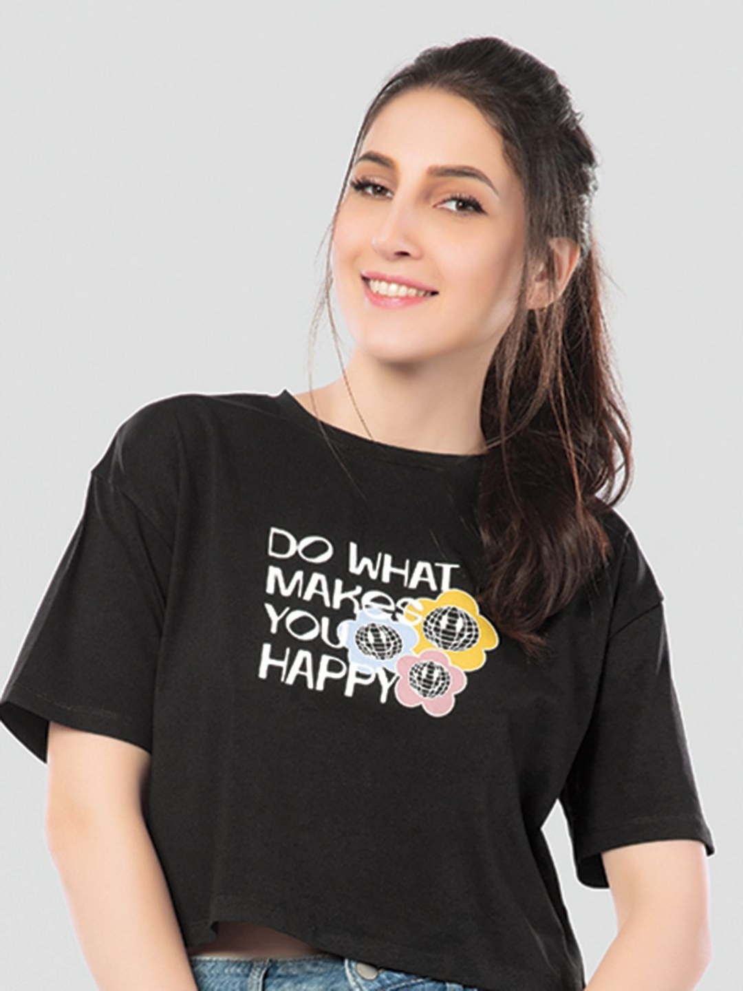 

Juliet Women Typography Printed Round Neck Cotton Boxy T-shirt, Black